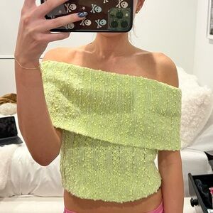 Silent + Noise Off-Shoulder Knit Top in Light Green